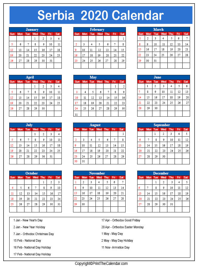 Serbia Printable Calendar 2020